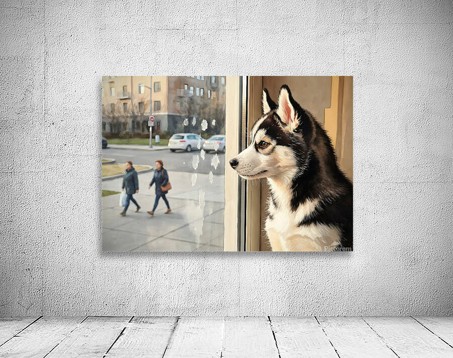 Husky Puppy Discovers City Life From Window Perch Wall Preview