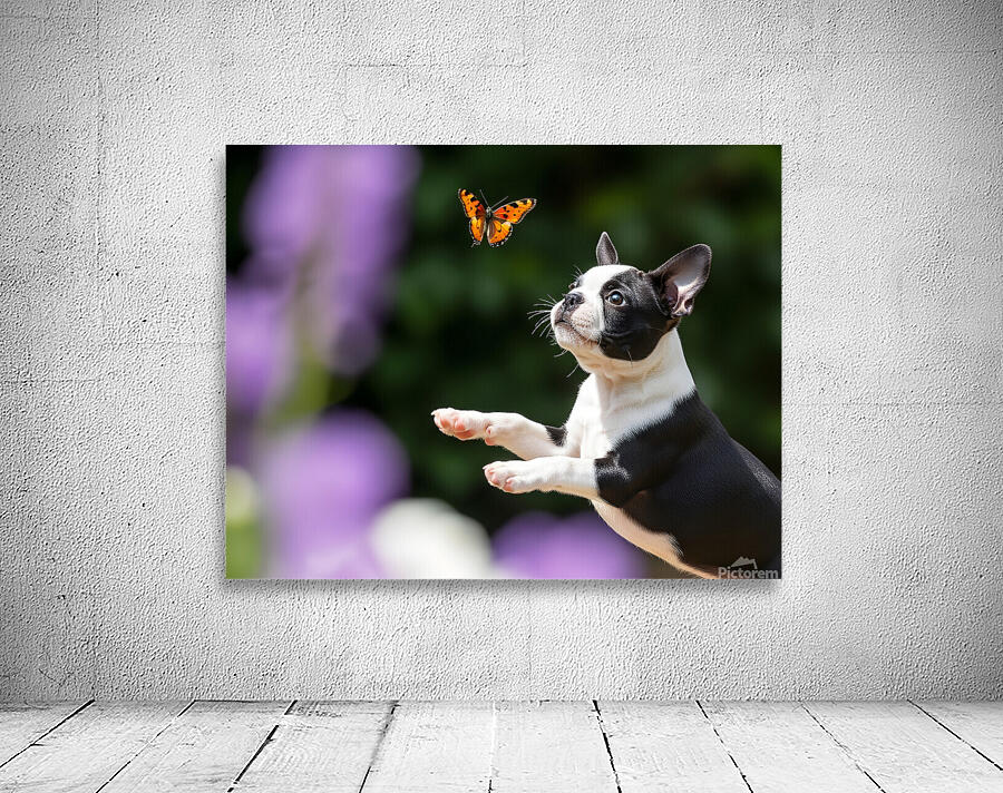 Boston Terrier Puppy Spots Butterfly In Garden Wall Preview