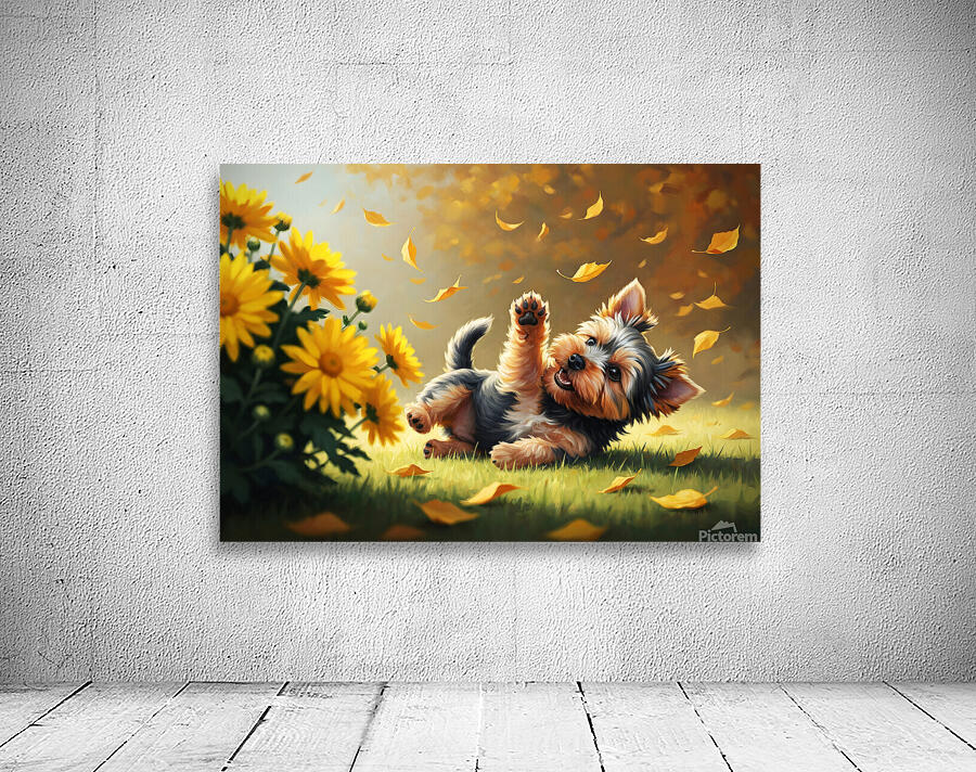 Yorkshire Terrier Puppy Successfully Catches Brown Oak Leaf Wall Preview