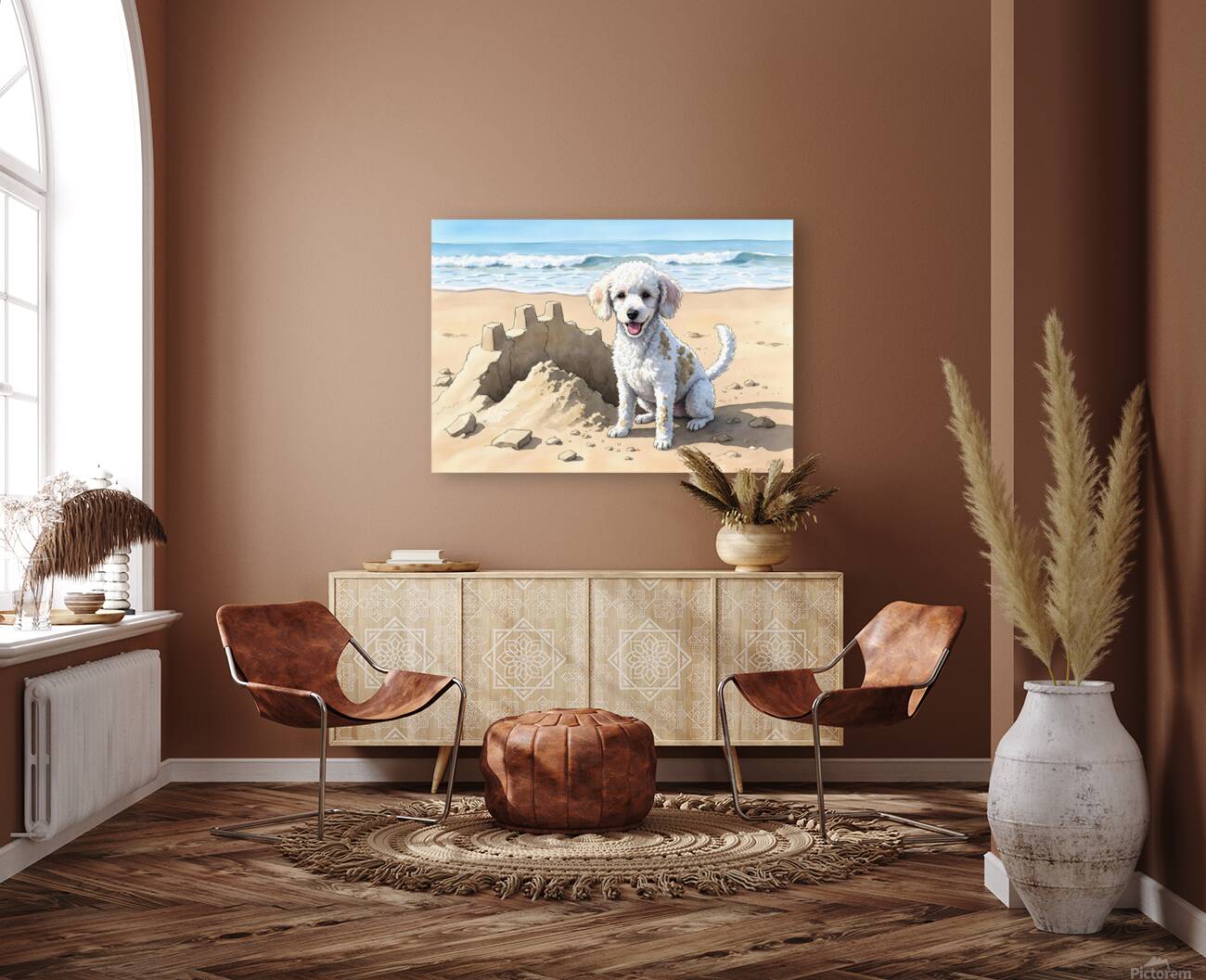 Happy White Poodle Puppy Sits In Destroyed Sand Castle Ruins Reproduction