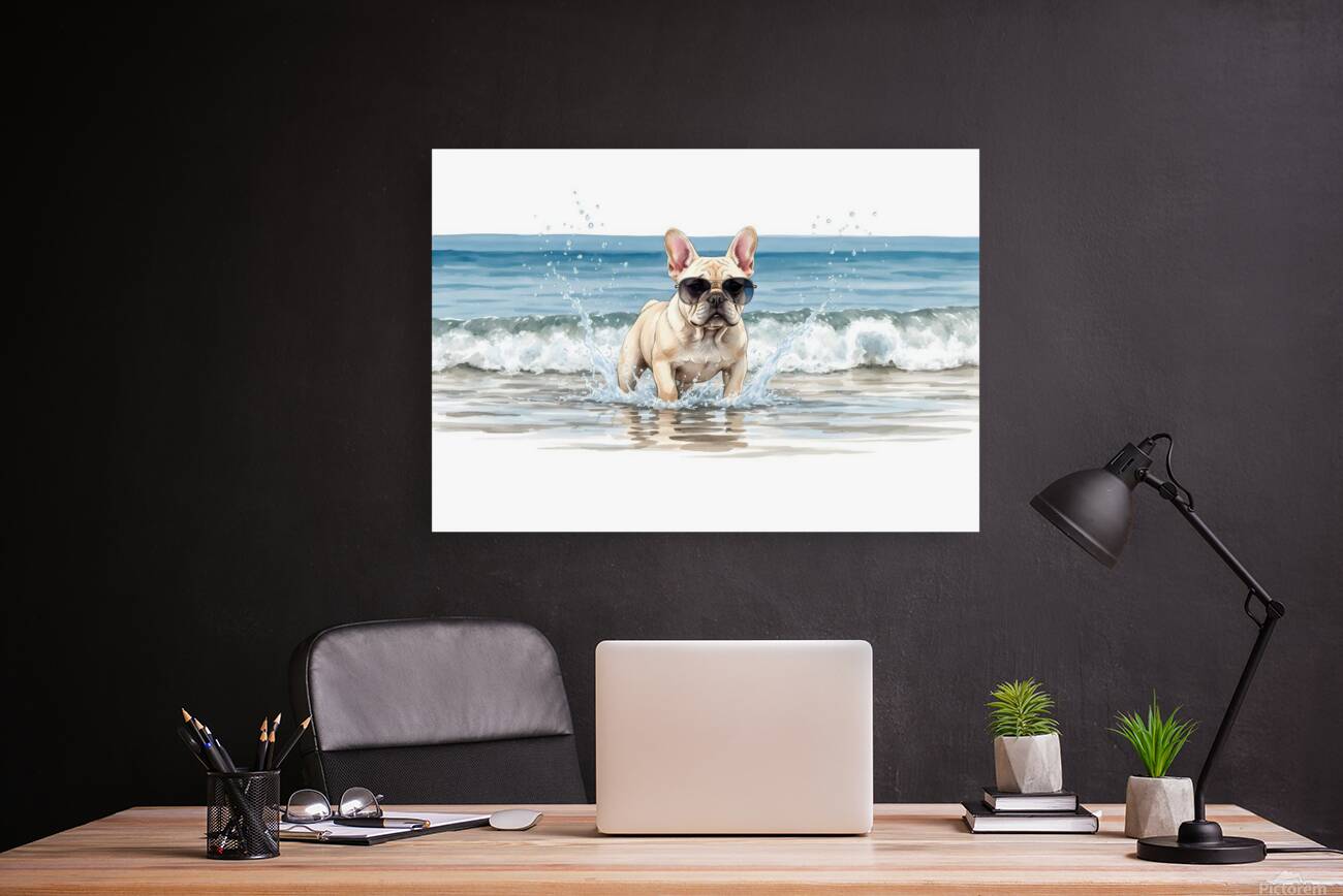 Cream French Bulldog Puppy Splashing In Ocean Water With Sunglasses Reproduction