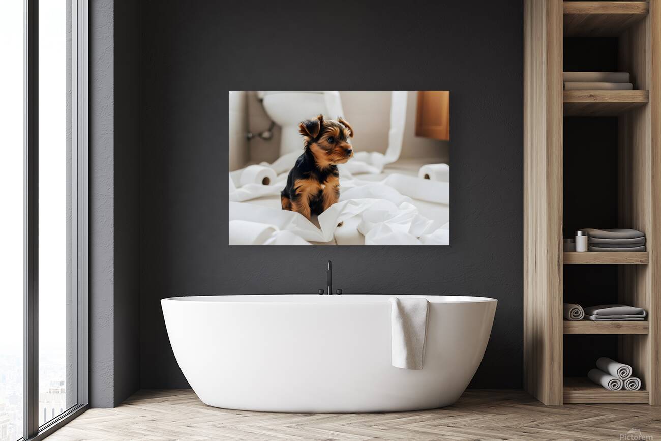 Brown Yorkshire Terrier Puppy With Unrolled Toilet Paper Trail Mess Reproduction