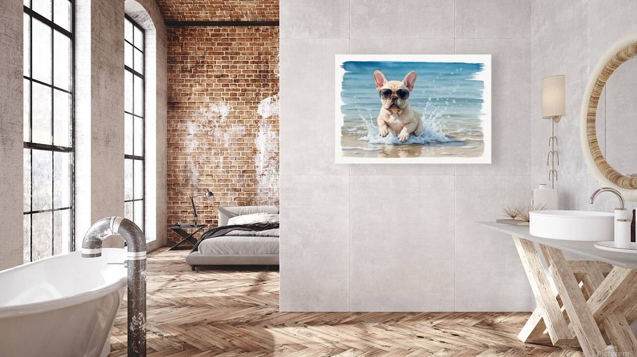 Cream French Bulldog Puppy Splashing In Ocean With Sunglasses Reproduction