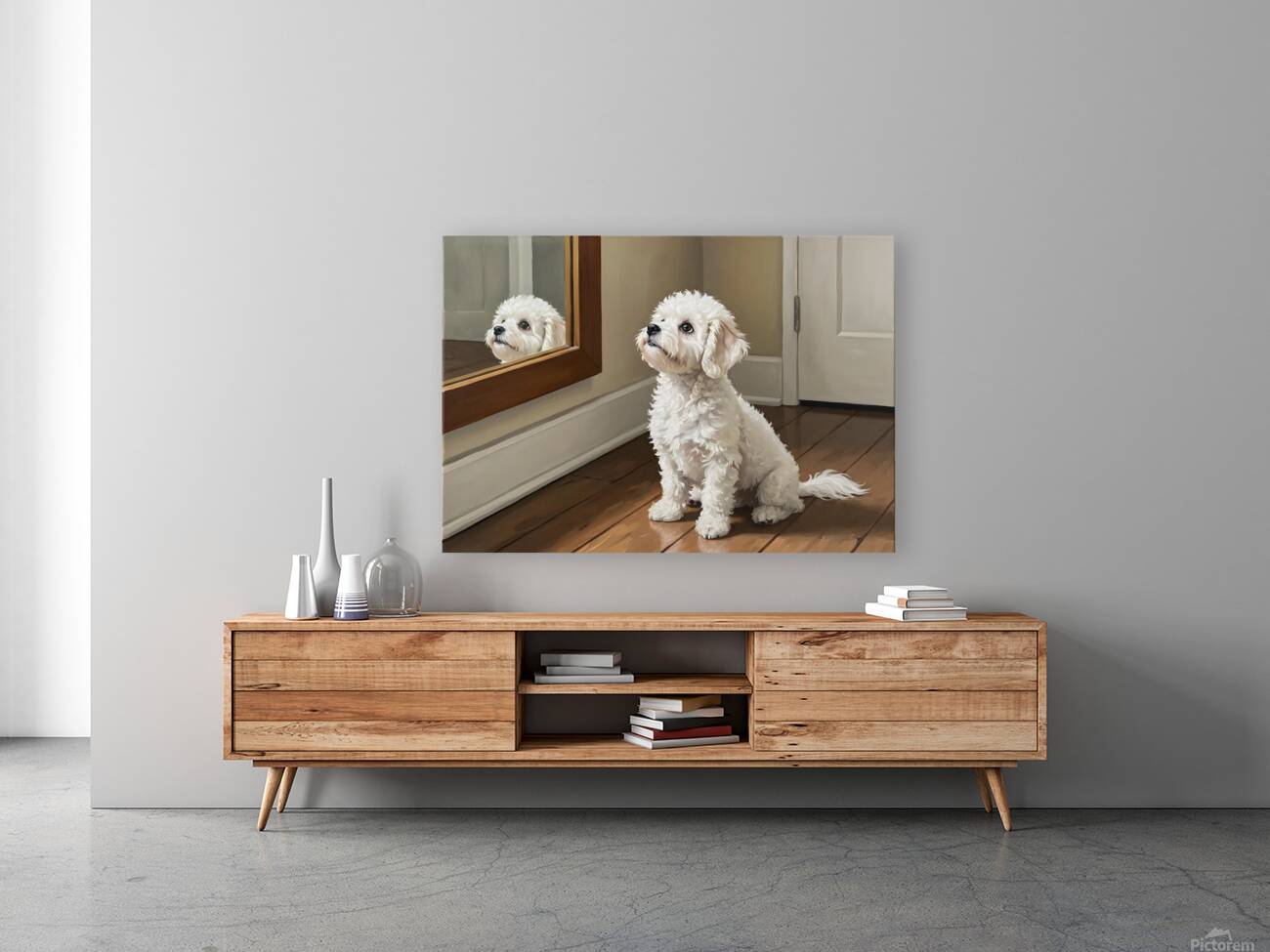 Curious White Bichon Frise Puppy Discovers Mirror For First Time Reproduction