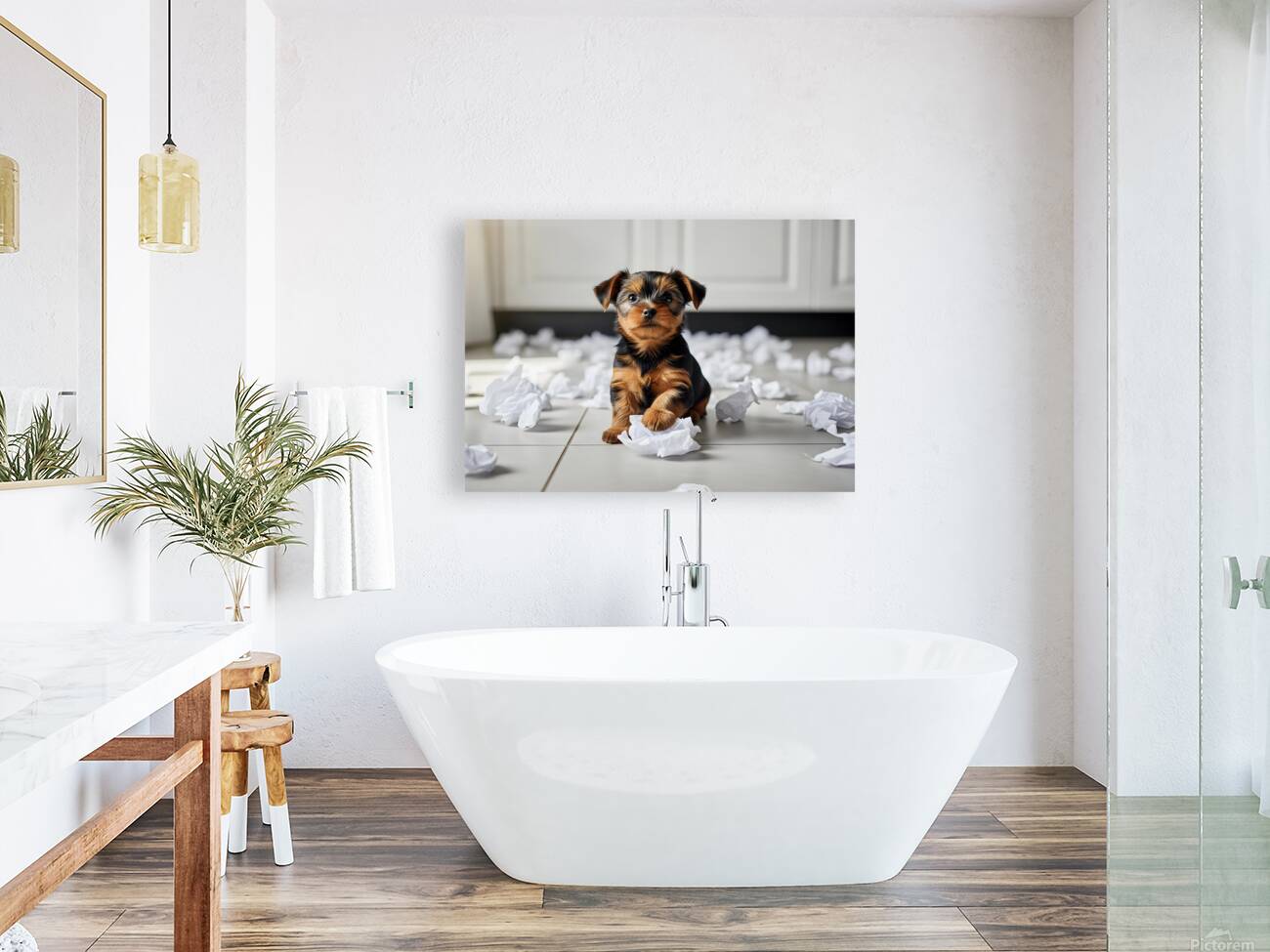 Guilty Yorkshire Terrier Puppy Surrounded By Shredded Tissue Reproduction