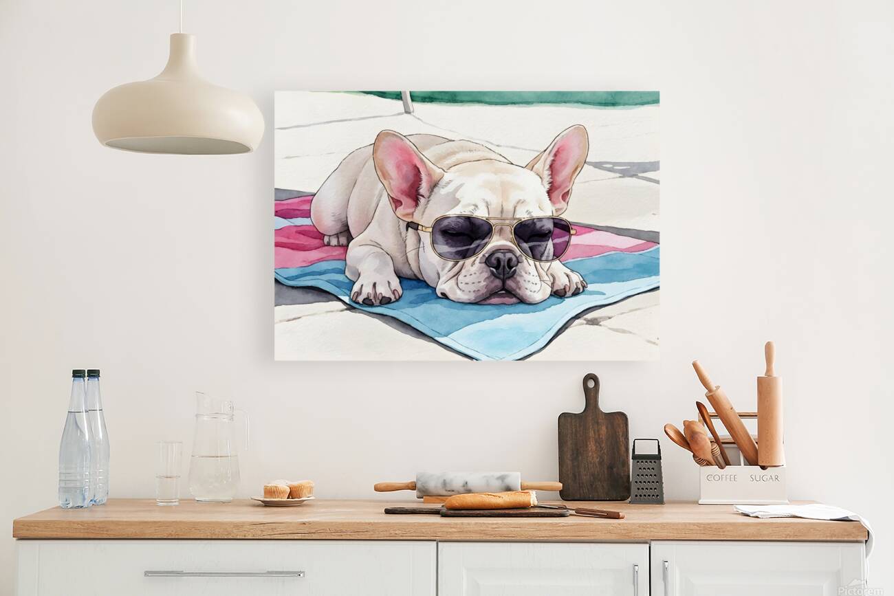 Tired Cream French Bulldog Puppy Resting On Beach Towel Reproduction