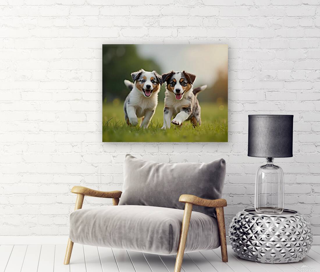 Blue Merle Australian Shepherd Puppies Playing Together In Tall Grass Reproduction