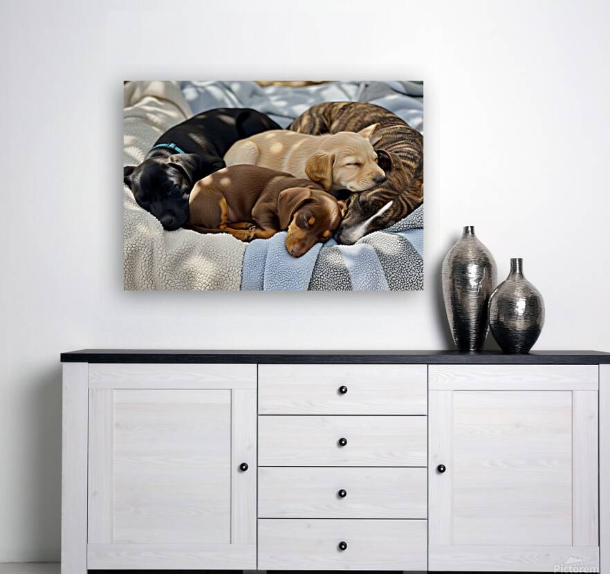 Sleepy Brown Dachshund Puppy Cuddling With Tired Siblings Reproduction