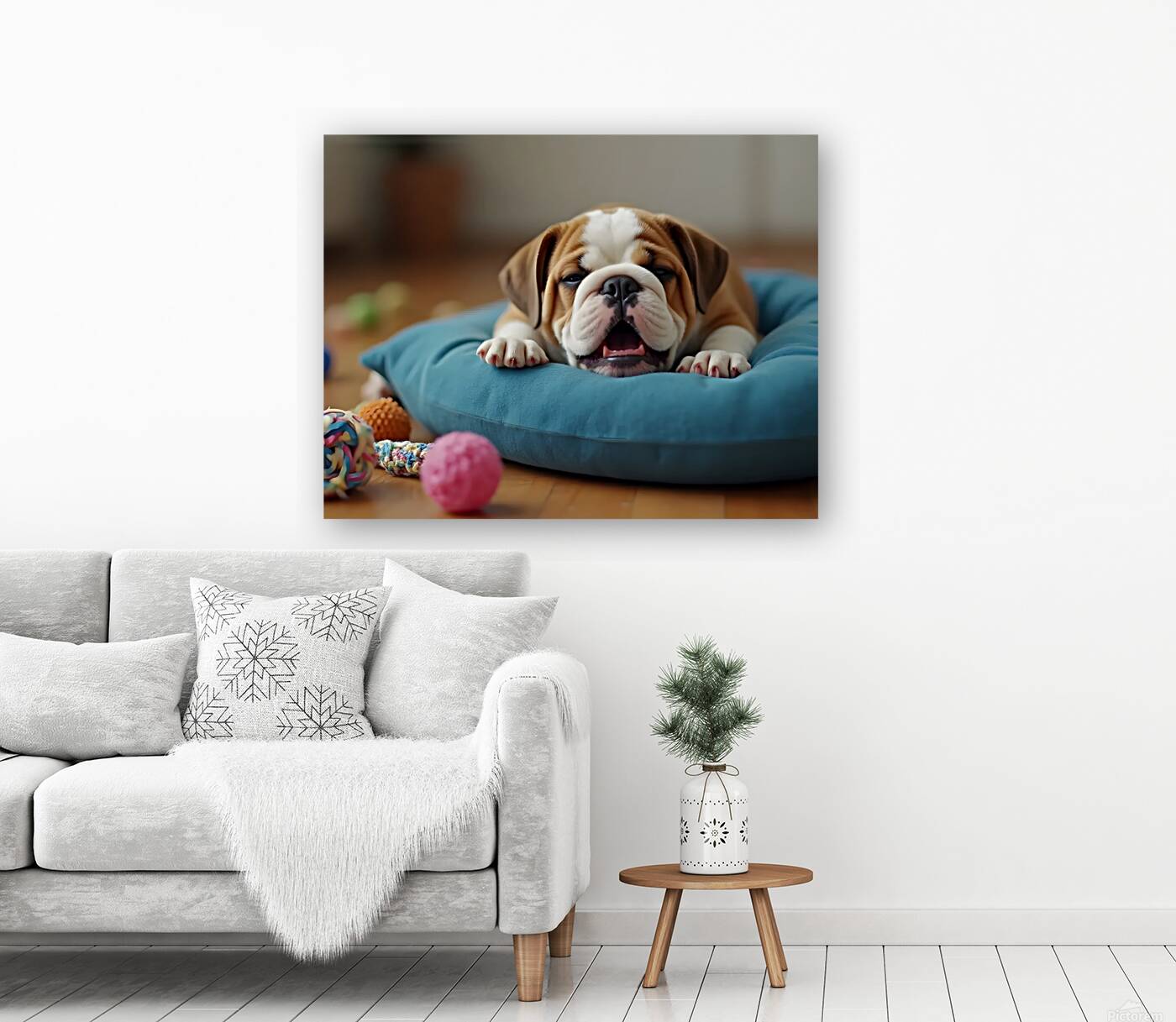Sleepy Bulldog Puppy Yawns On Blue Cushion Reproduction