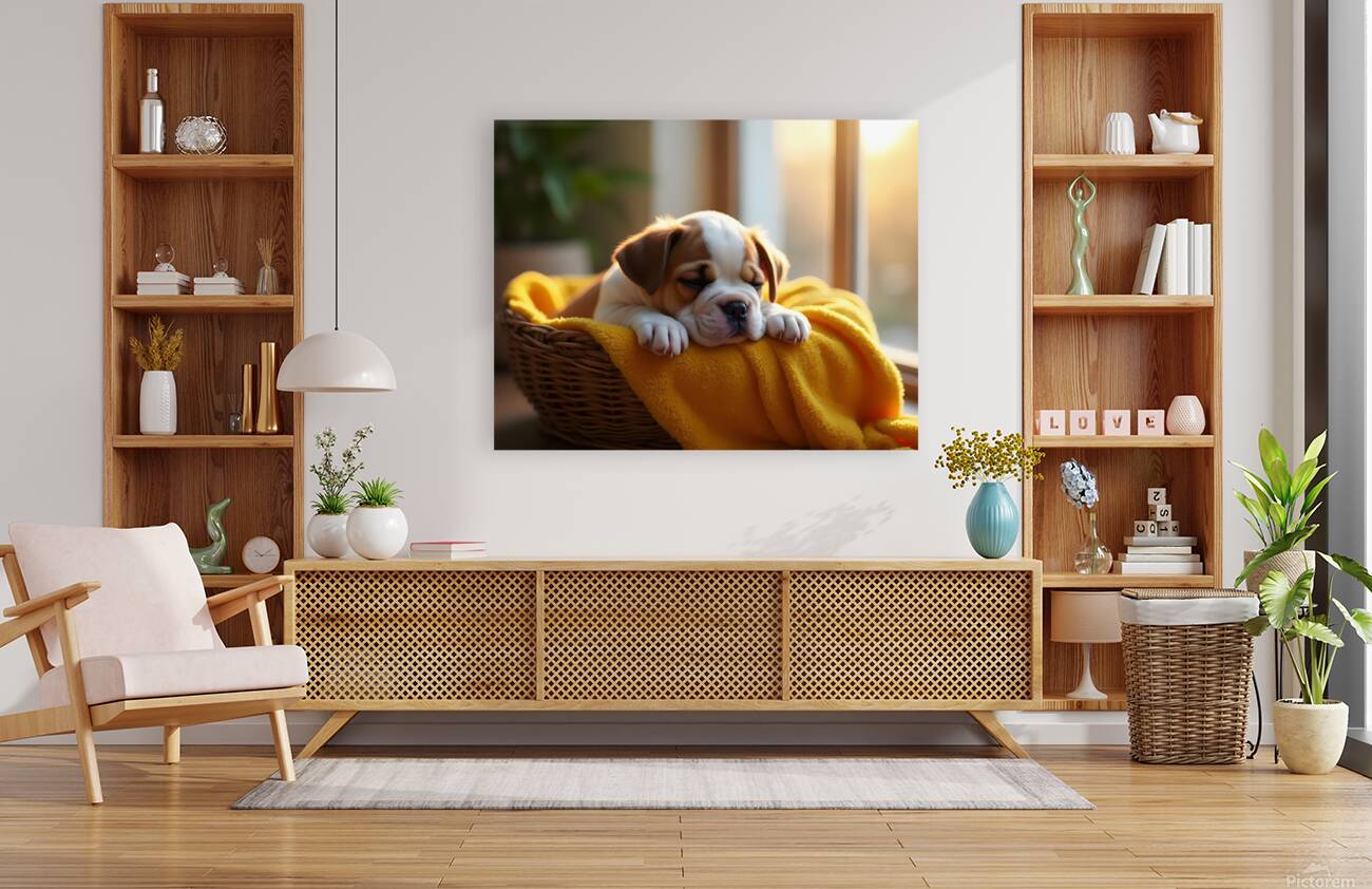 Bulldog Puppy Sleeps Peacefully In Wicker Basket Reproduction