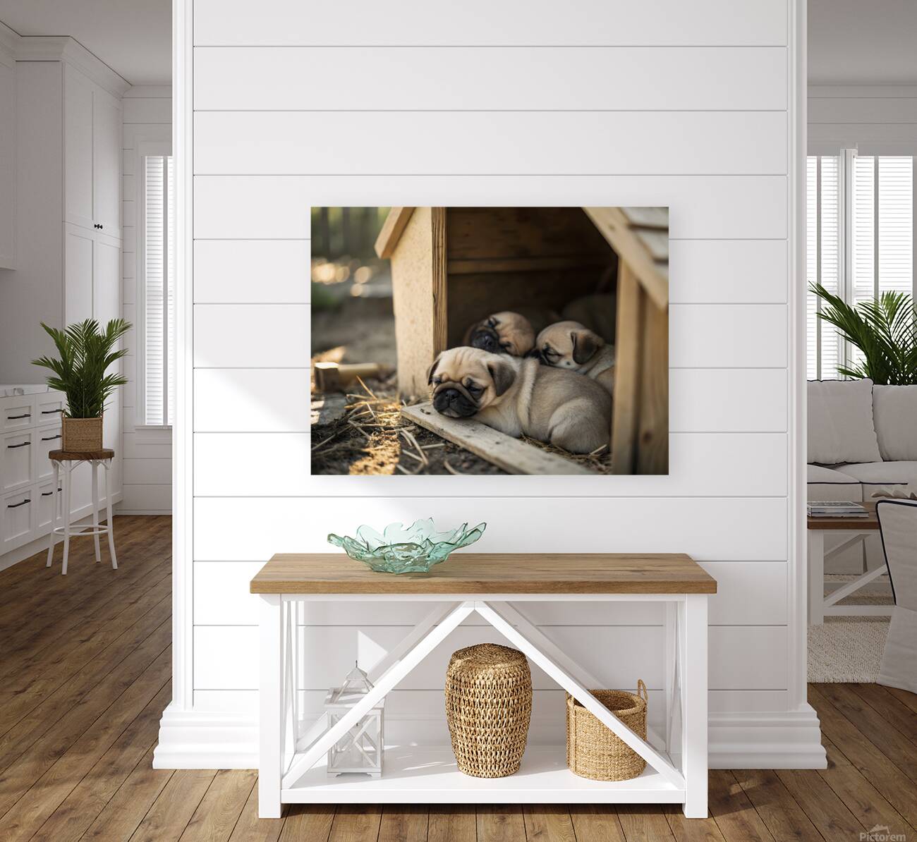 Pug Puppy Settles Comfortably With Sleeping Friends Reproduction