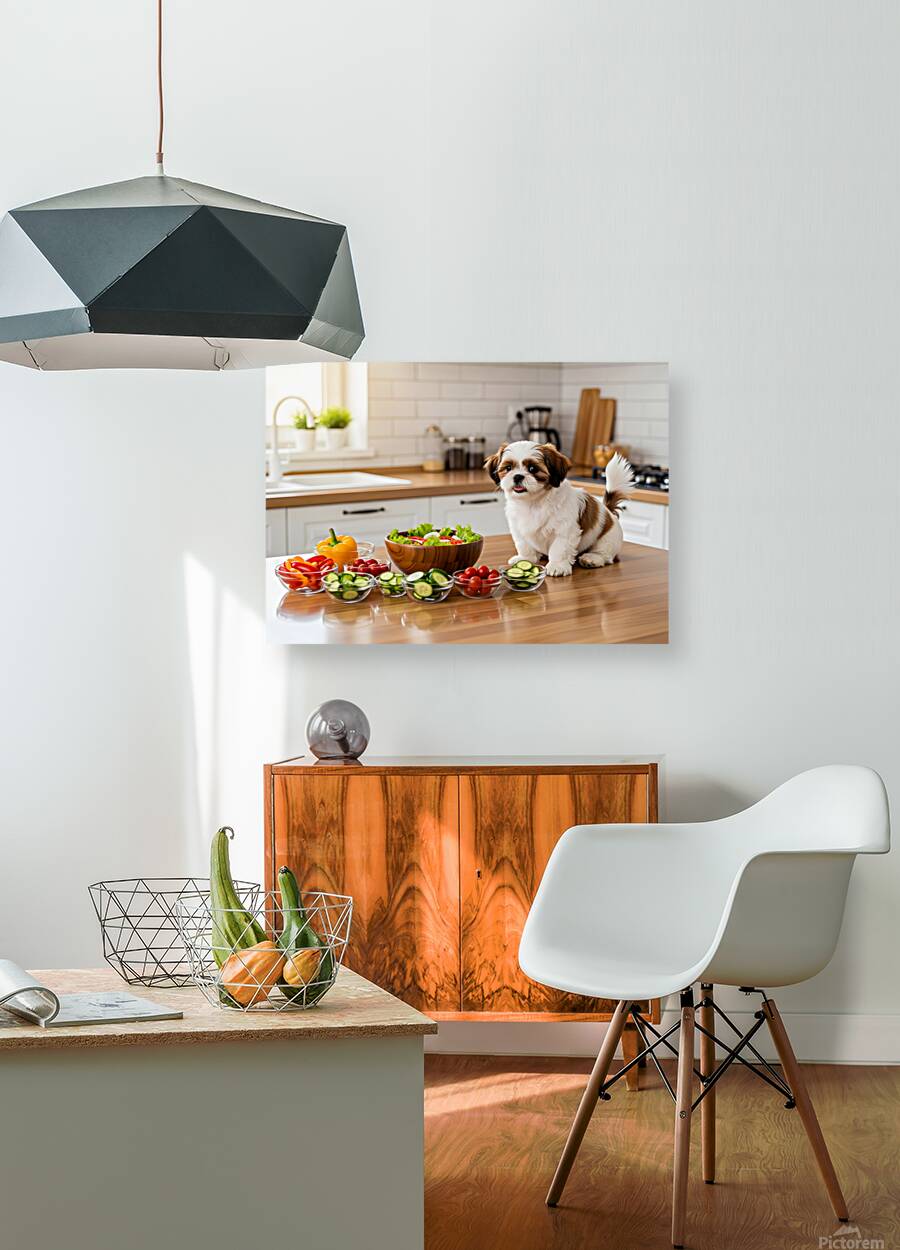 Happy Shih Tzu Puppy In Tidy Kitchen After Cooking Reproduction