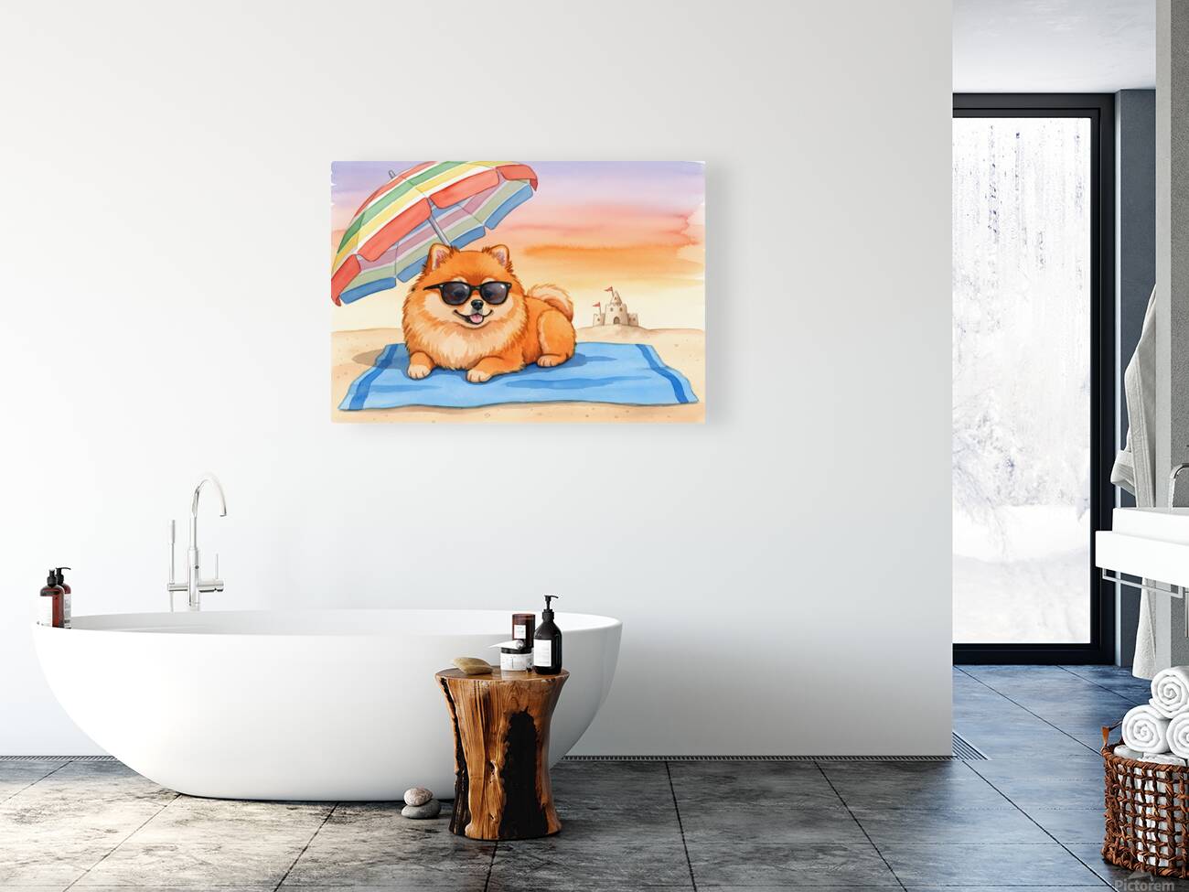 Tired Pomeranian Puppy Resting On Beach Towel Reproduction
