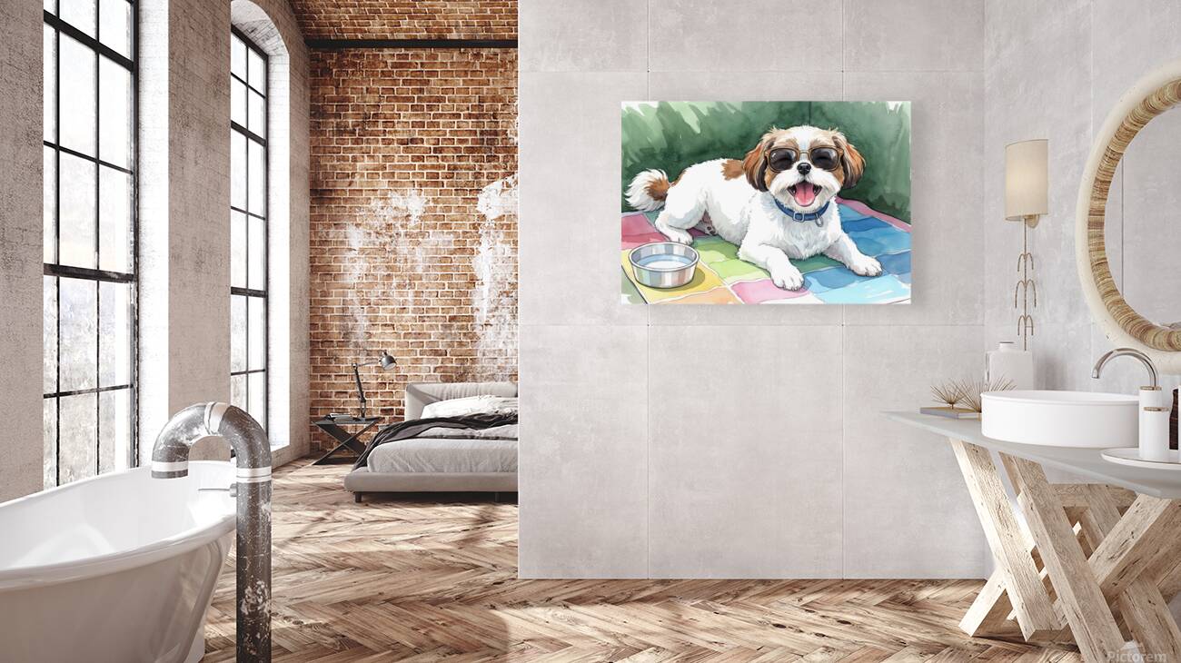 Tired Shih Tzu Puppy Rests After Beach Day With Sunglasses Reproduction