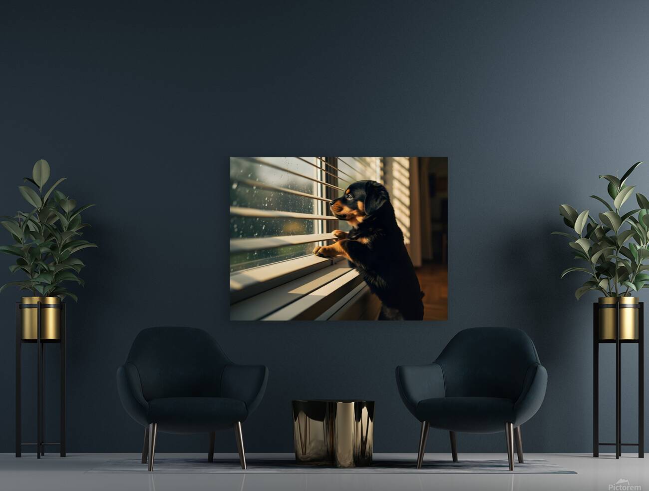 An adorable black and tan Rottweiler puppy stands curiously at a window Reproduction