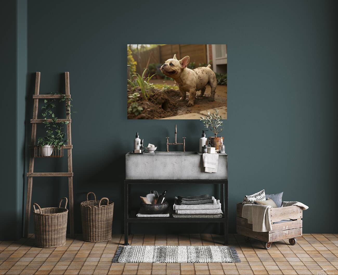 French Bulldog Puppy Discovers Muddy Garden Adventure Reproduction