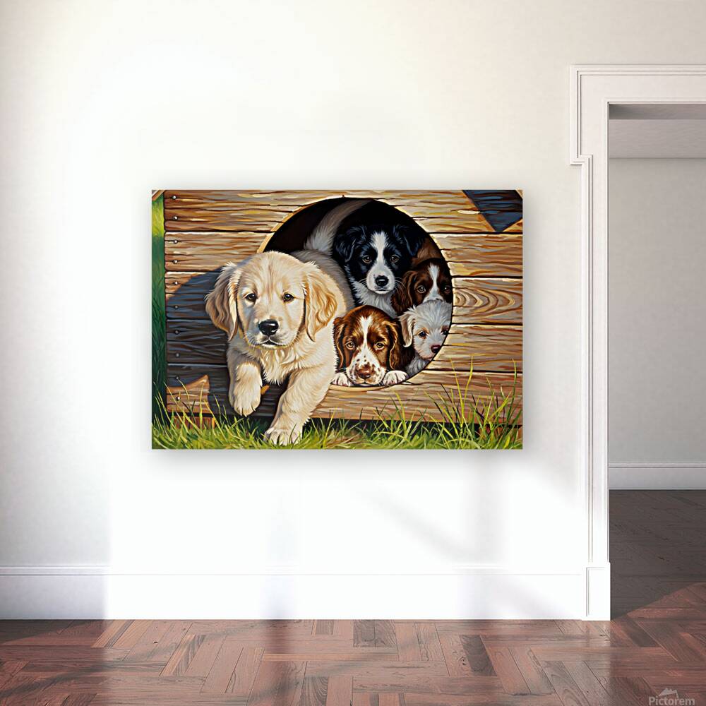 Golden Retriever Puppy Enters Crowded Doghouse Reproduction