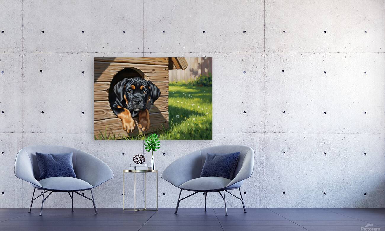 Curious Cane Corso Puppy Peeks From Doghouse Reproduction