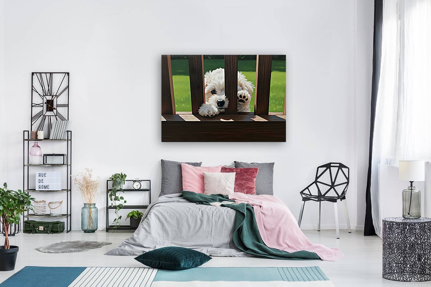 White Bichon Frise Puppy Peeking Through Wooden Fence Reproduction