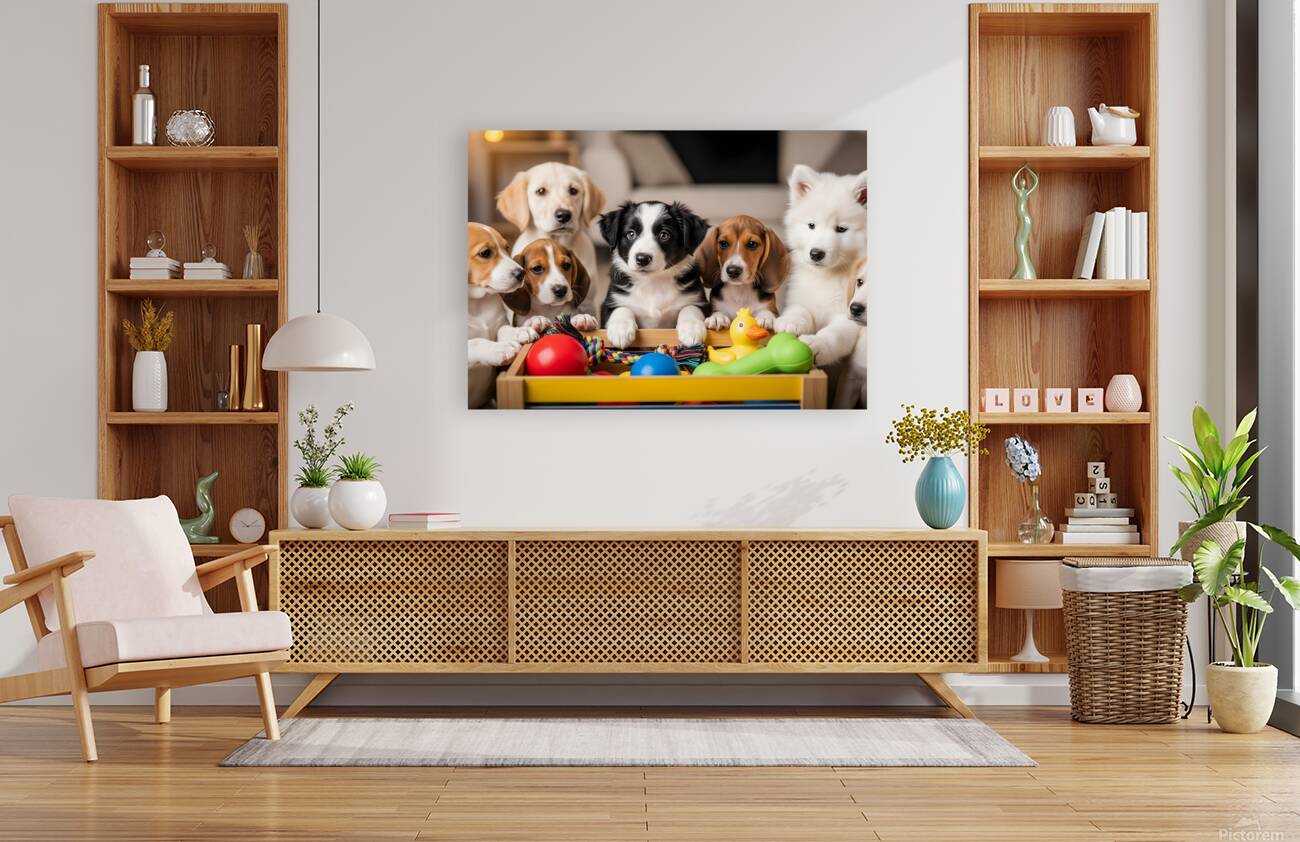 Border Collie Puppy Discovers Exciting Toy Box Reproduction