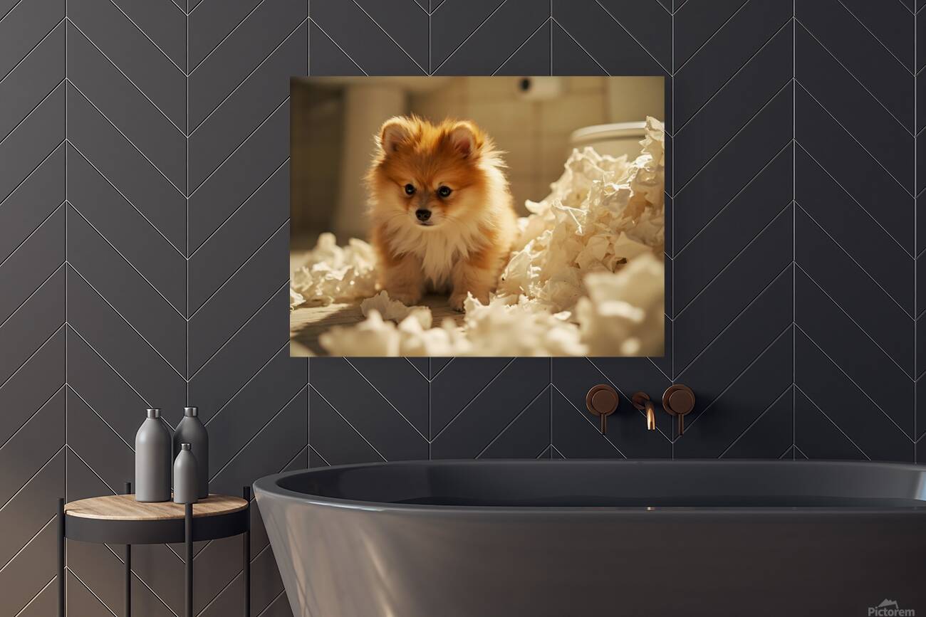 Guilty Pomeranian Puppy After Making Paper Mess Reproduction