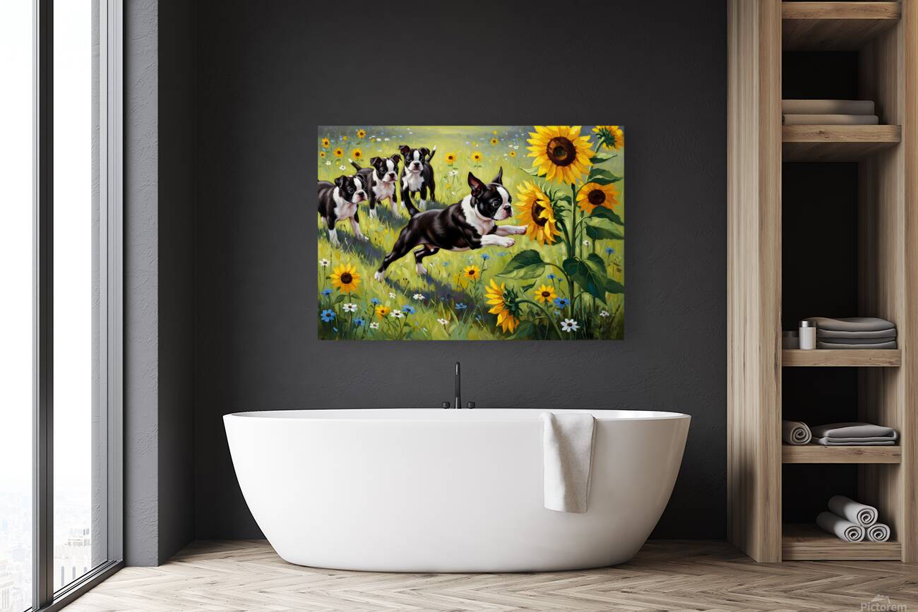 Boston Terrier Puppy Plays Near Beautiful Sunflower Reproduction