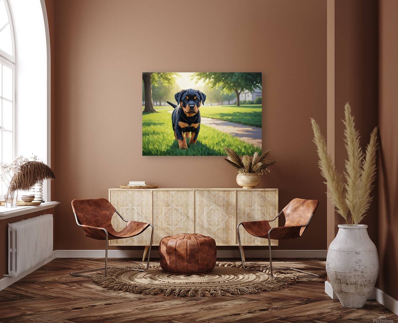 Young Rottweiler Puppy Explores The Park Alone Reproduction