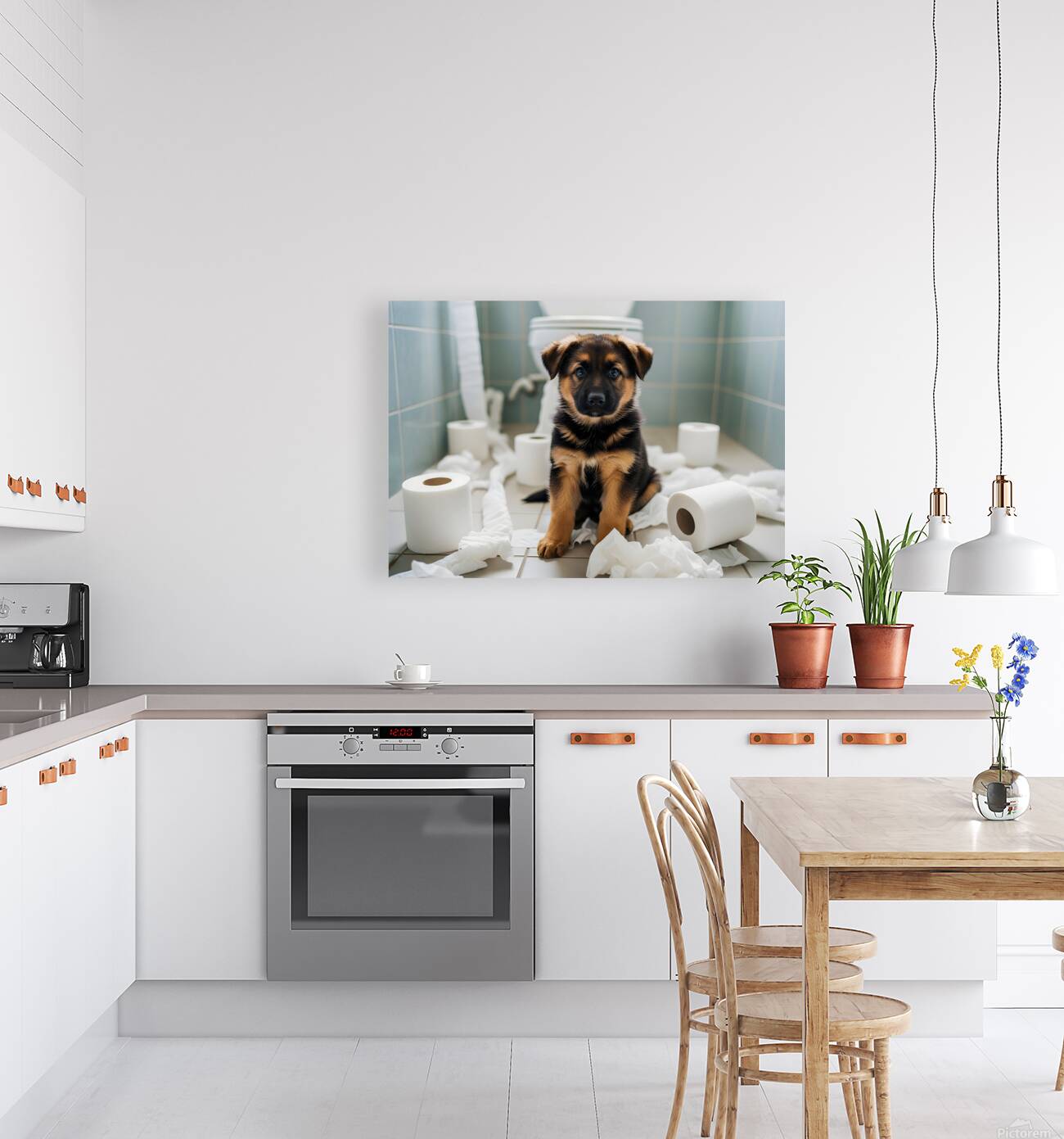 German Shepherd Puppy Discovers Bathroom Treasure Reproduction