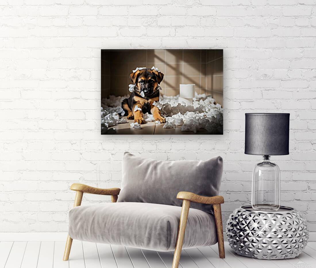 German Shepherd Puppy Sits Among Paper Destruction Reproduction