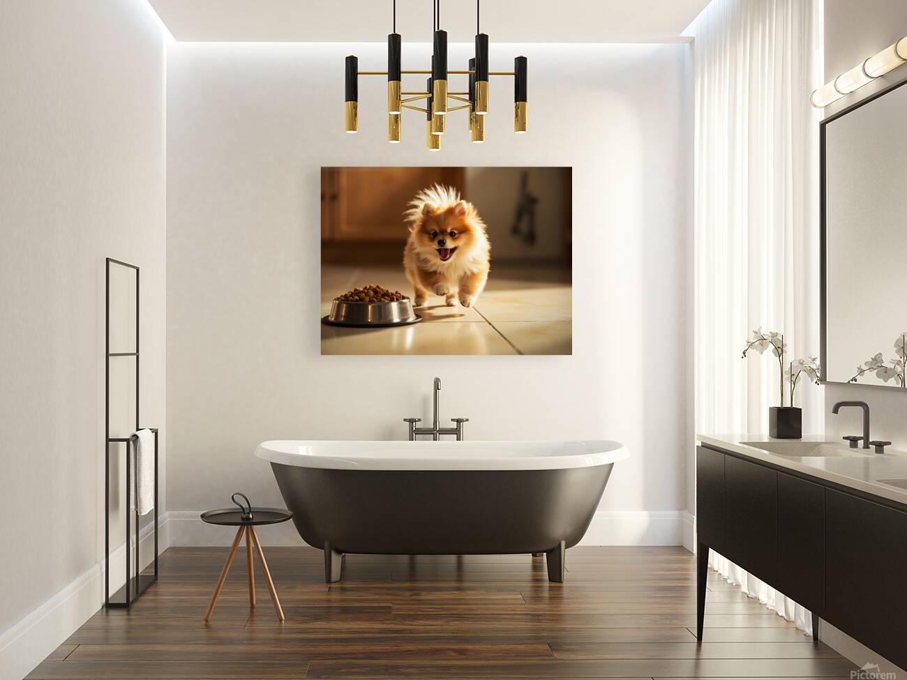 Excited Pomeranian Puppy Celebrates Full Food Bowl Reproduction