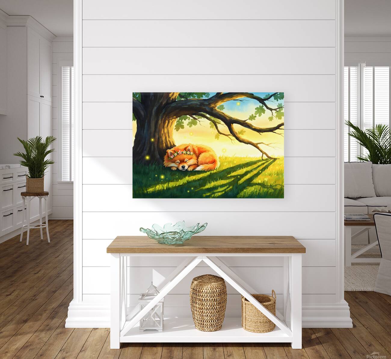 Pomeranian Puppy Sleeps Under Oak Tree At Sunset Reproduction