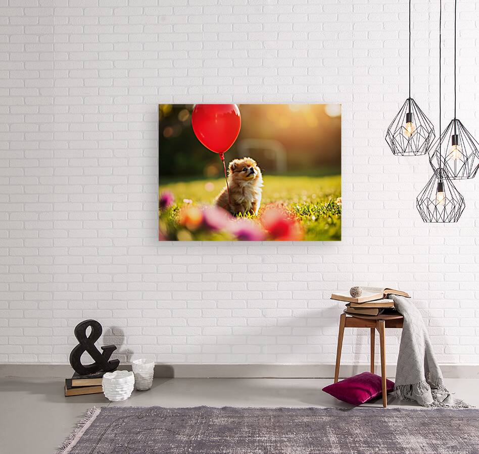 Pomeranian Puppy Discovers Floating Red Balloon Reproduction