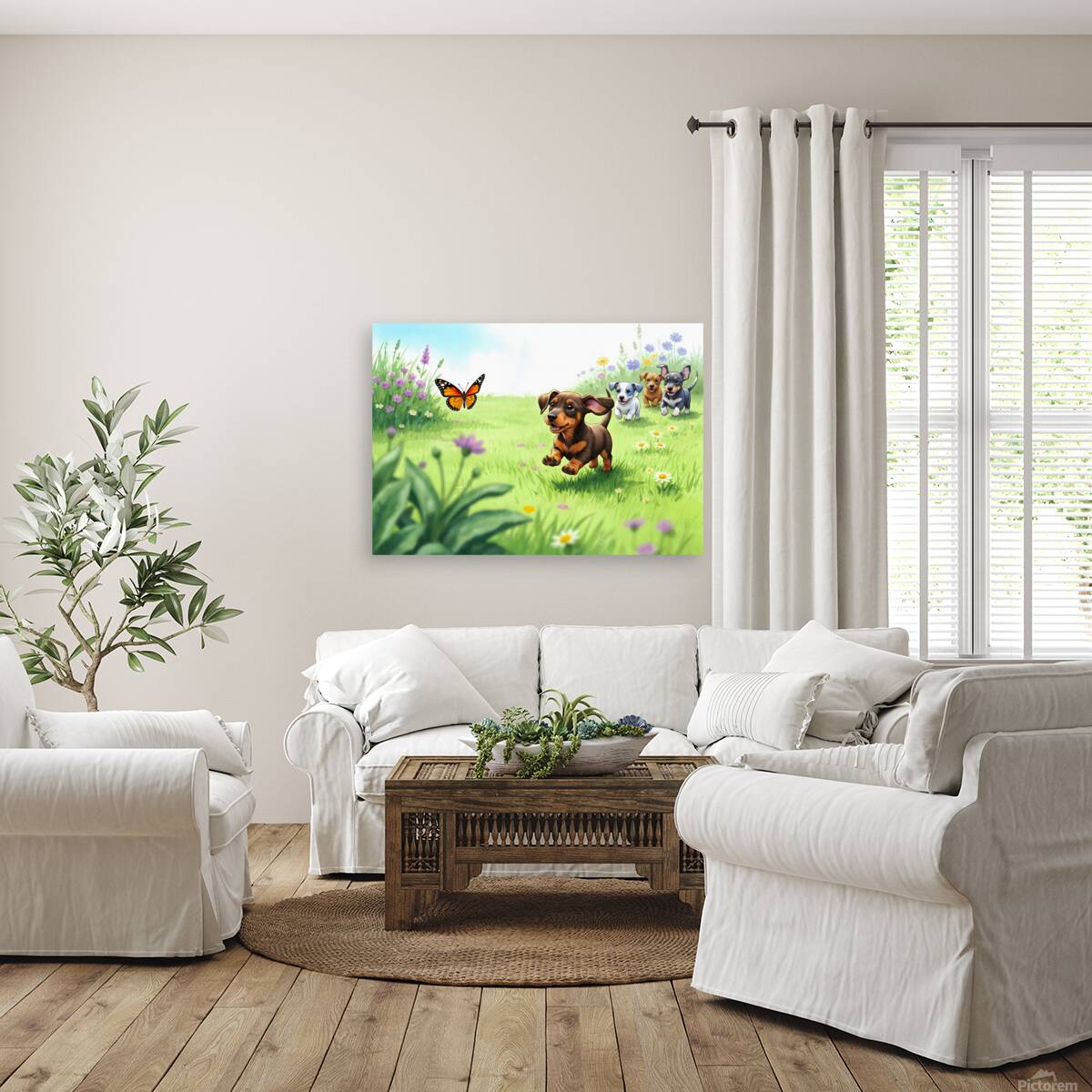 Dachshund Puppy Spots Beautiful Butterfly In Garden Reproduction