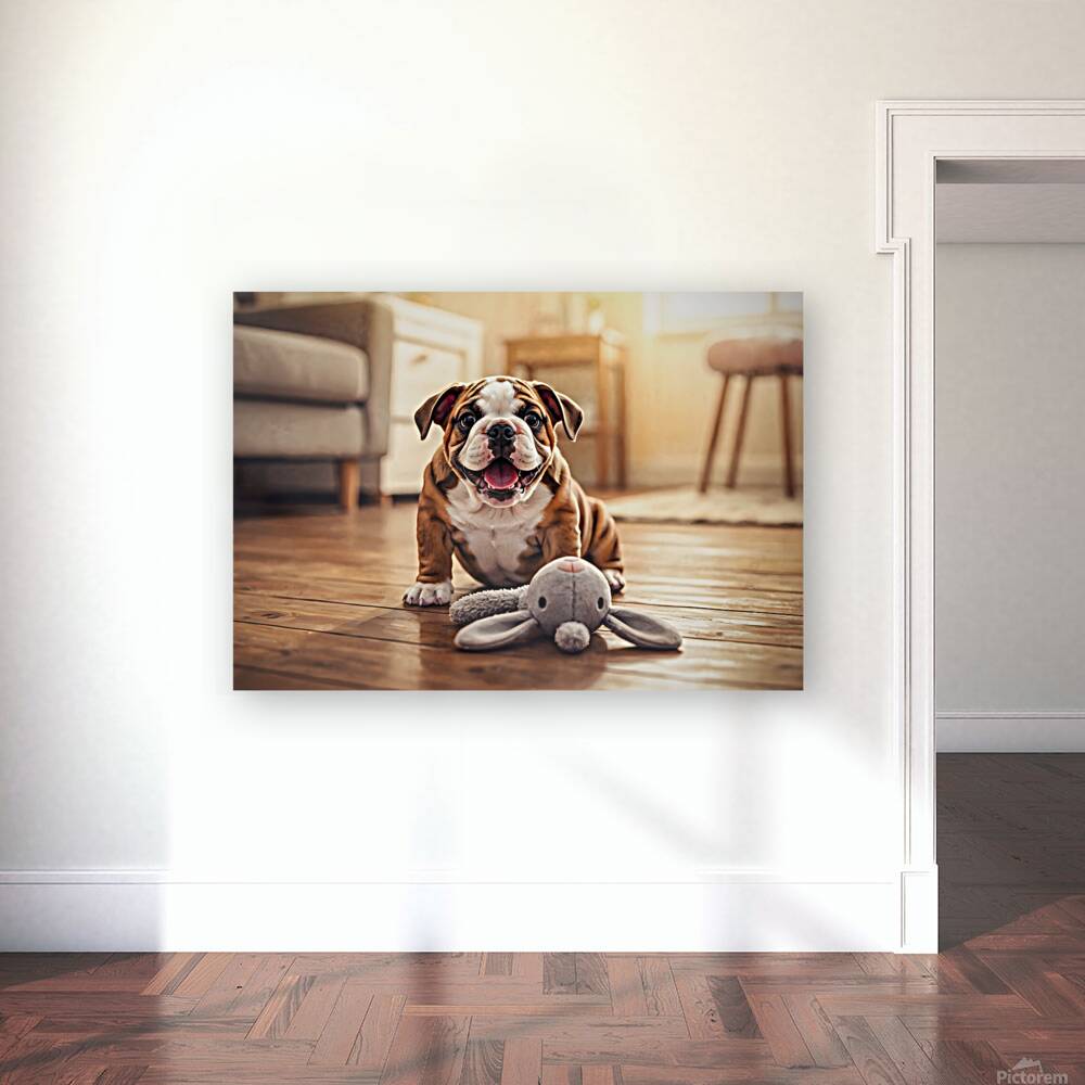 Bulldog Puppy Discovers New Plush Rabbit Friend Reproduction