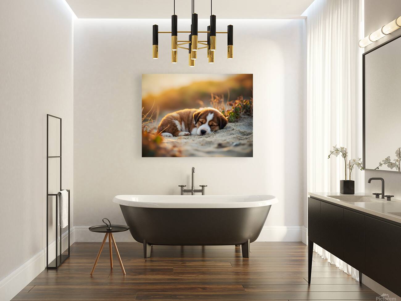 Bulldog Puppy Naps In Sandy Bed Reproduction