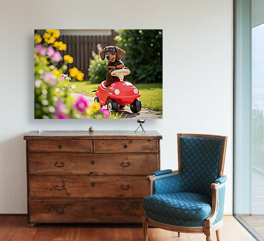 Dachshund Puppy Ready For Adventure In Red Toy Car Reproduction