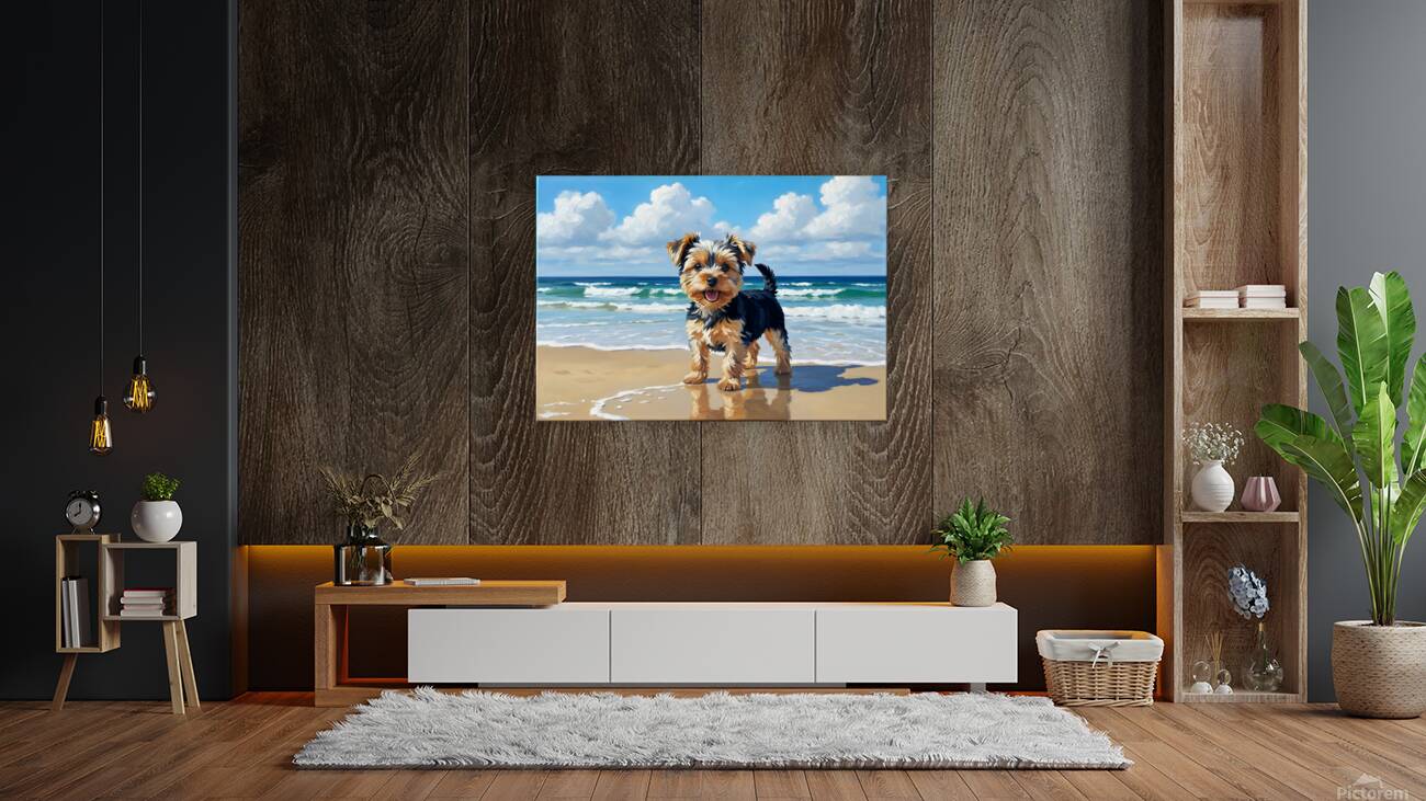 Yorkshire Terrier Puppy Discovers The Beach Reproduction