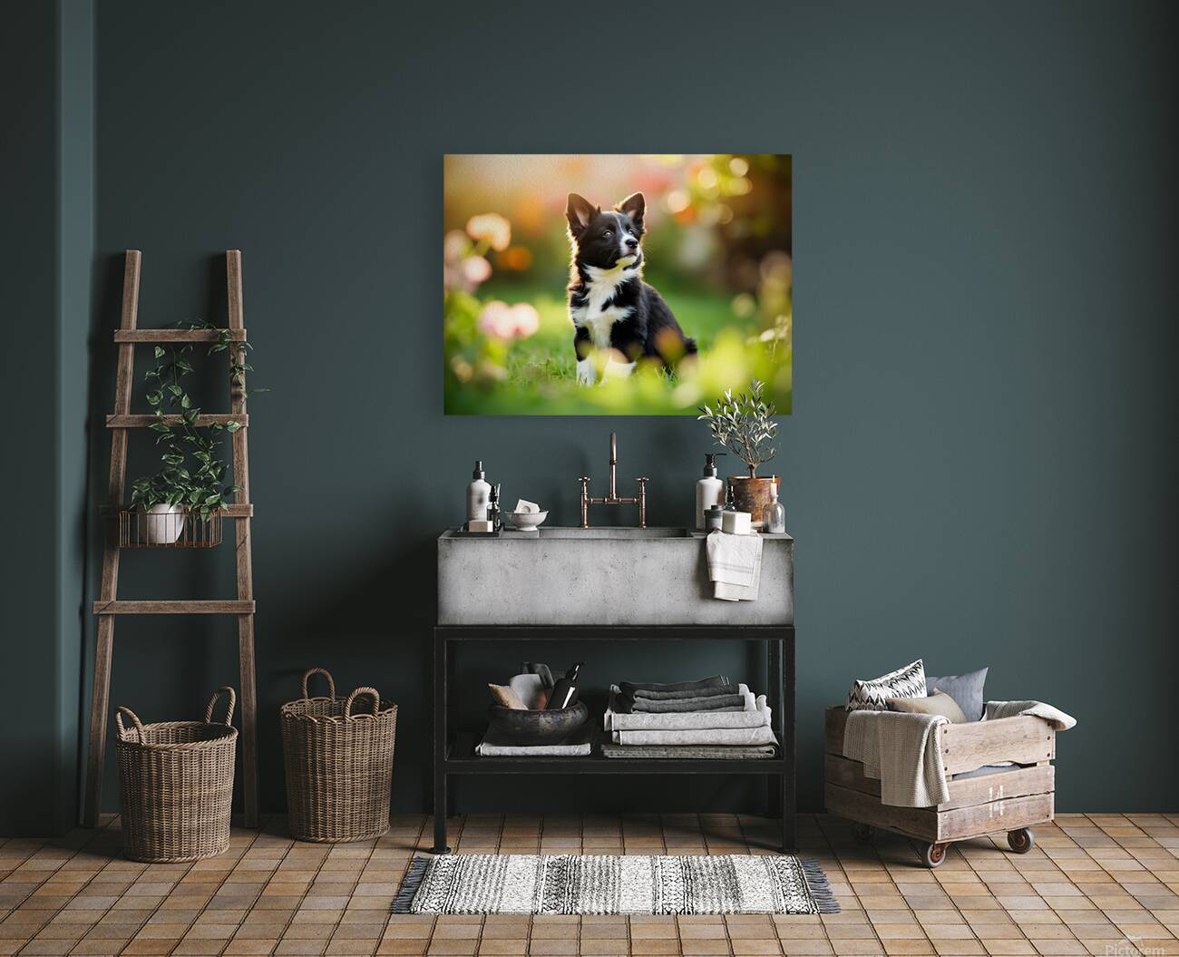 Border Collie Puppy Waiting In The Garden Reproduction