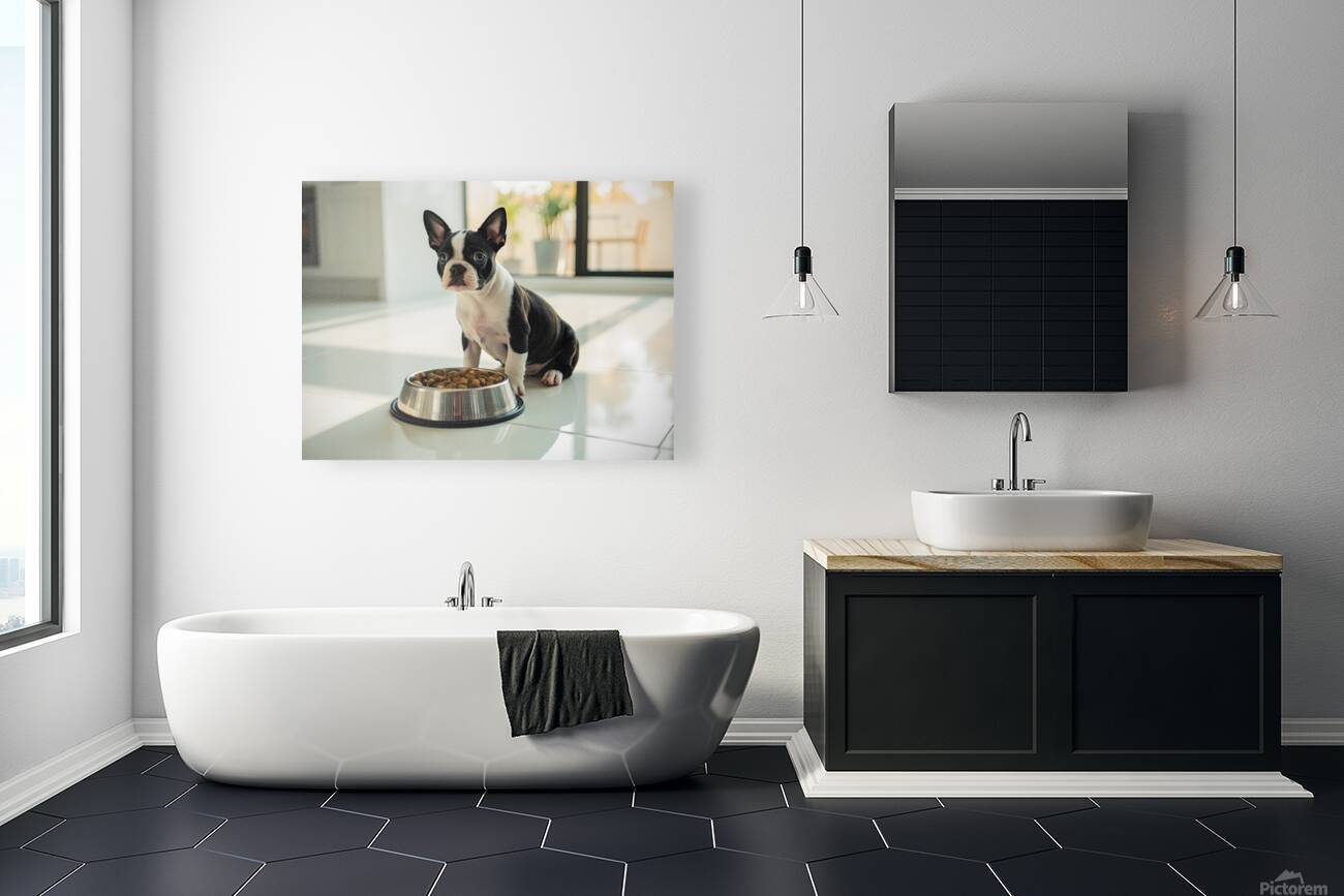 Boston Terrier Puppy Discovers Dinner Time Reproduction