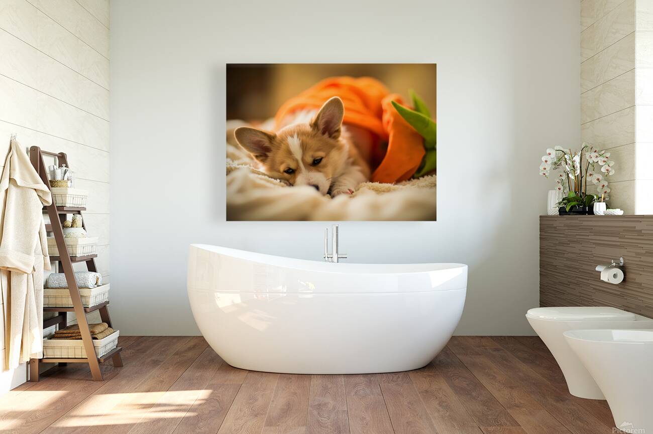 Sleepy Corgi Puppy Rests After Halloween Costume Adventure Reproduction