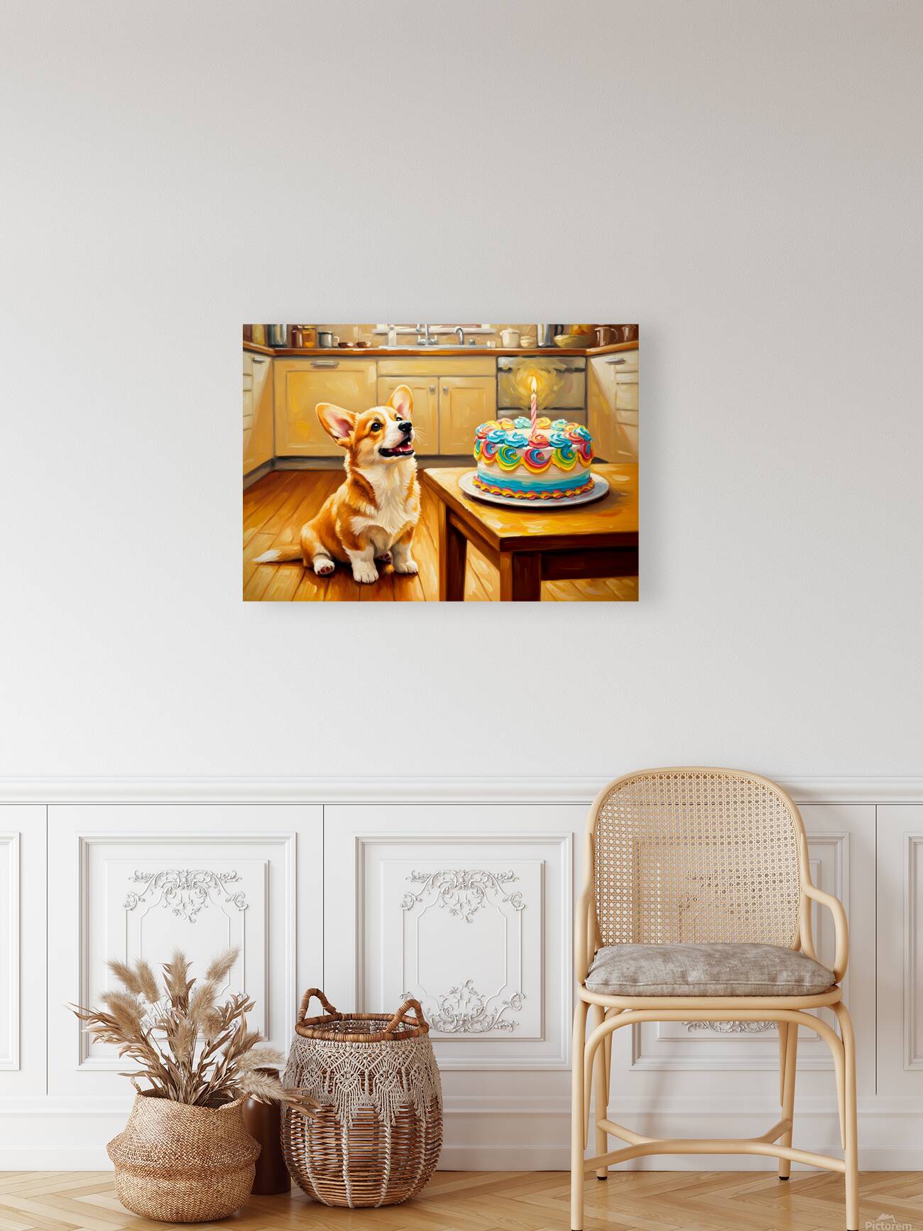 Corgi Puppy Discovers Birthday Cake Reproduction