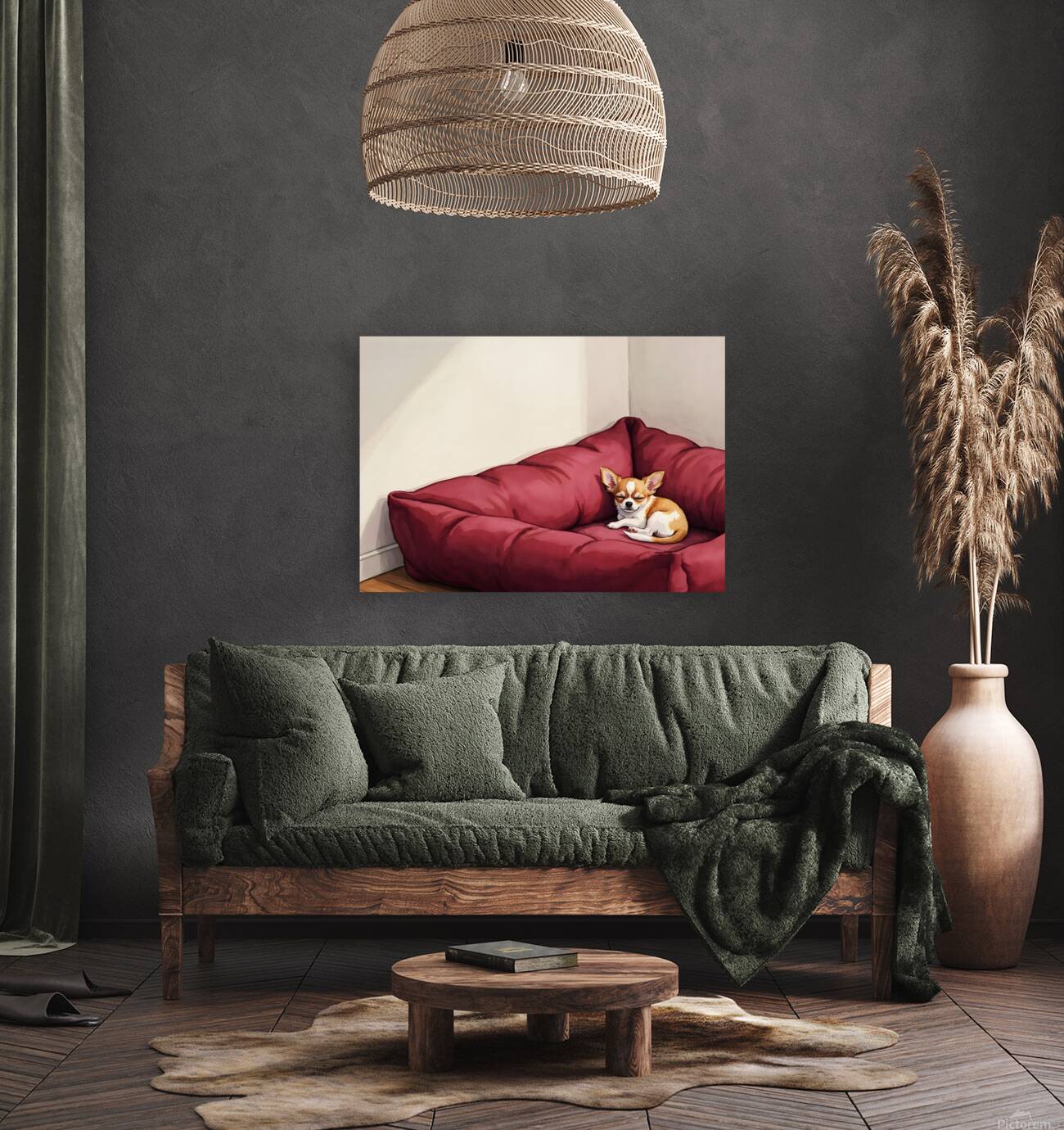 Sleepy Chihuahua Puppy Naps In Corner Of Giant Bed Reproduction