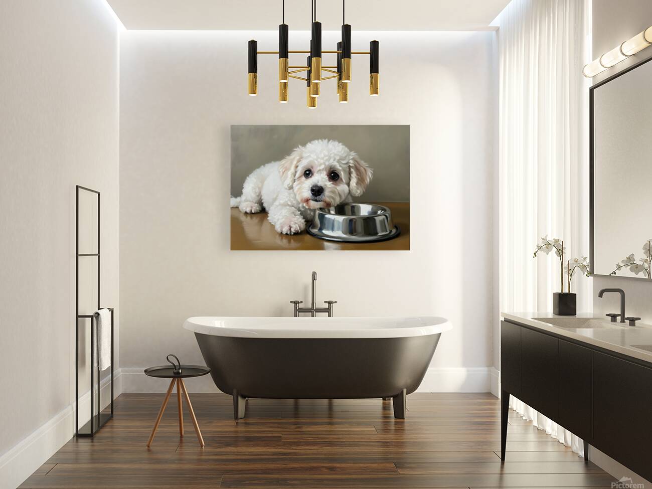 Patient Bichon Frise Puppy Waits By Food Bowl Reproduction