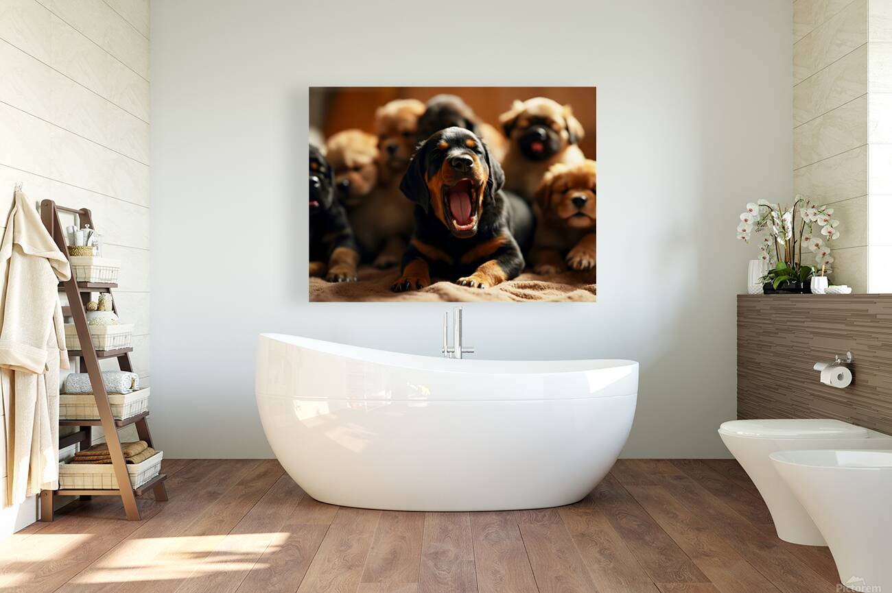 Rottweiler Puppys Big Yawn With Friends Reproduction