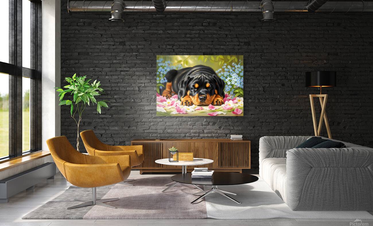 Sleepy Rottweiler Puppy Rests In Flower Bed Reproduction