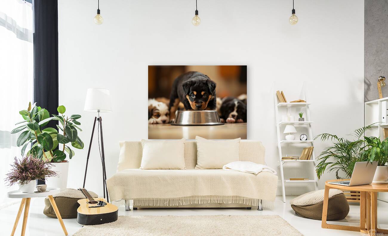 Rottweiler Puppy Spots The Water Bowl Reproduction