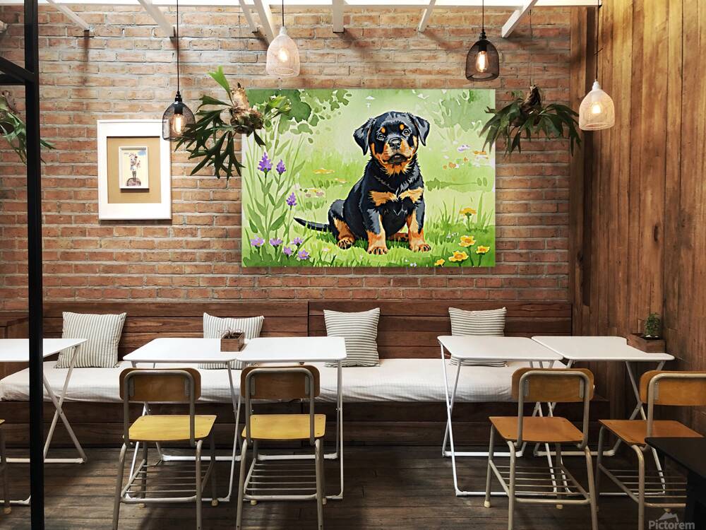Hopeful Rottweiler Puppy Waits In Garden Reproduction