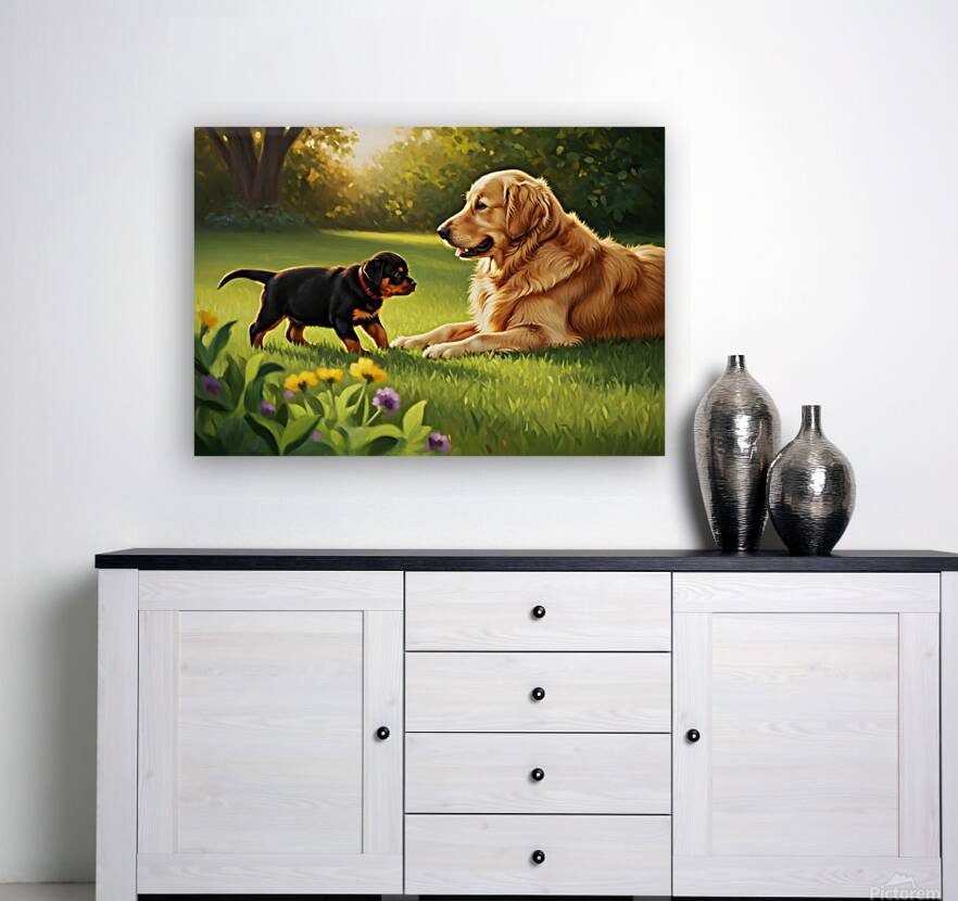 Rottweiler Puppy Meets Big Golden Friend In Garden Reproduction