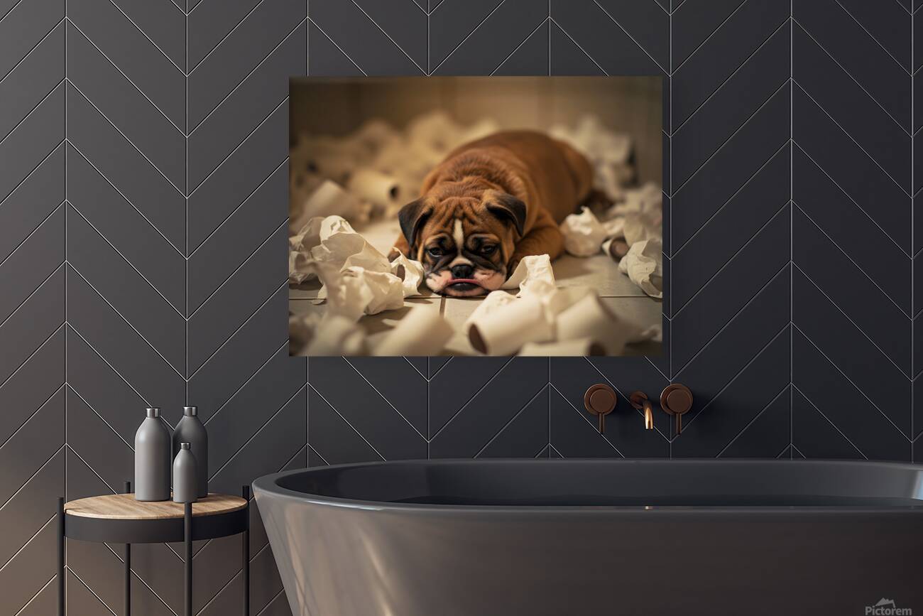 Exhausted Bulldog Puppy After Paper Battle Reproduction