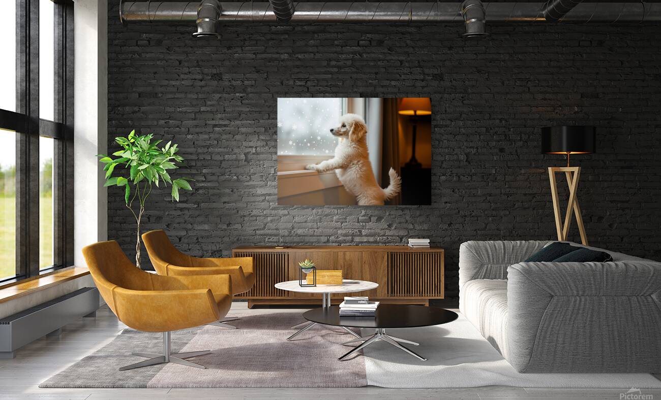 Poodle Puppy Discovers First Snowfall Through Window Reproduction